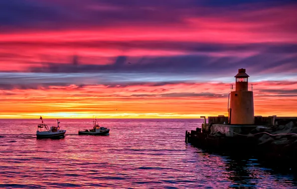 Sea, sunset, the ocean, shore, the evening, Lighthouse, pier, pierce