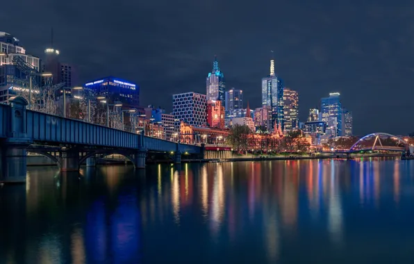 Bridge, river, building, home, Australia, night city, skyscrapers, Melbourne