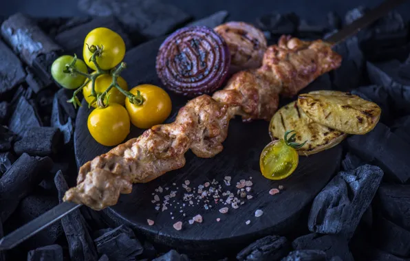 Bow, meat, tomato, kebab, potatoes, grill
