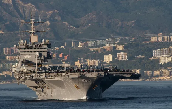 Picture mountains, the city, Bay, fighters, Enterprise, with nuclear power, First aircraft carrier, the number CVN-65