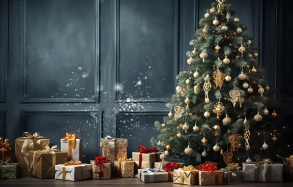 Picture decoration, room, balls, tree, New Year, Christmas, gifts, new year