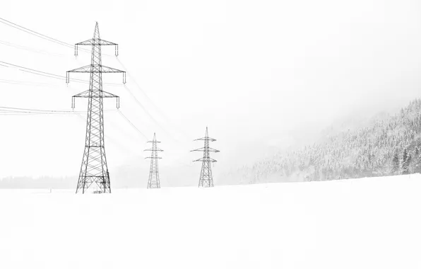 Winter, snow, landscape, power lines