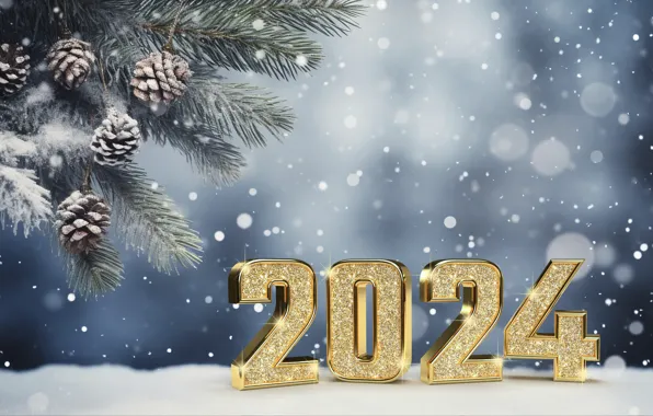 Picture winter, snow, New Year, Christmas, figures, golden, new year, happy