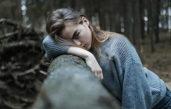 Forest, face, pose, hair, portrait, Girl, sweater, Aleks Five