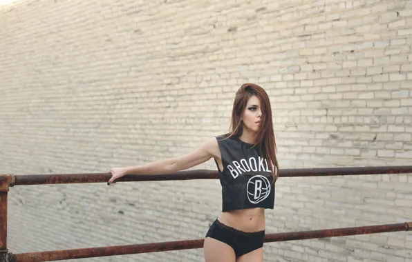 Girl, wall, panties, brick, makeup, figure, slim, hairstyle