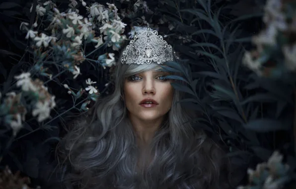 Picture leaves, girl, flowers, style, the dark background, crown, garden, fantasy