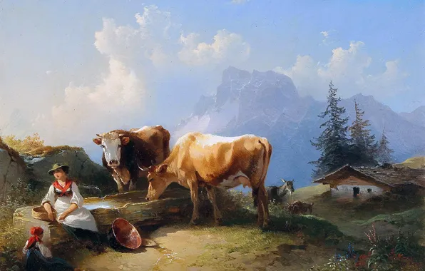 Mountains, Trees, House, Picture, Cows, Goat, Austrian artist, Friedrich August Matthias Gauermann