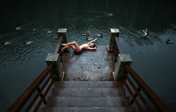 Chest, pose, lake, model, naked, body, duck, makeup