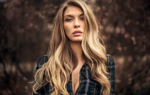 Glare, model, portrait, makeup, hairstyle, blonde, shirt, bokeh