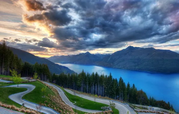 Picture road, forest, mountains, clouds, river, New Zealand