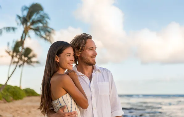 Sand, sea, beach, the sky, girl, clouds, palm trees, shore