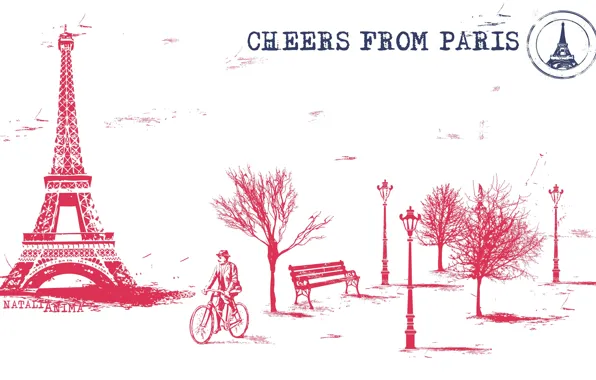 Trees, bench, bike, city, France, Paris, the old man, Eiffel tower