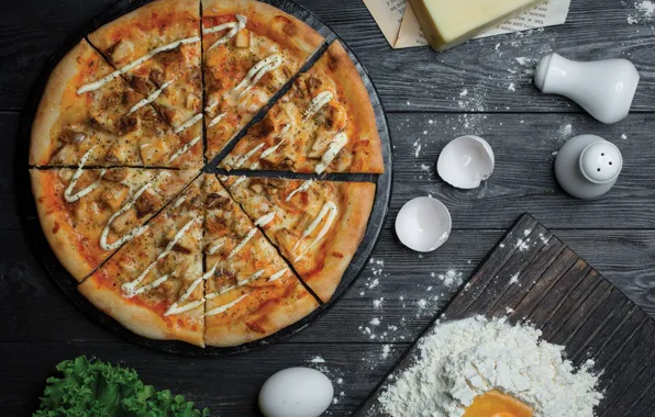 Egg, chicken, cheese, meat, pizza, sauce, cakes, pizza