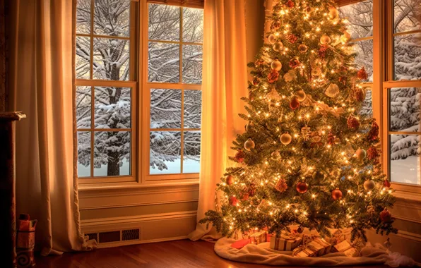 Decoration, lights, room, balls, tree, interior, New Year, Christmas