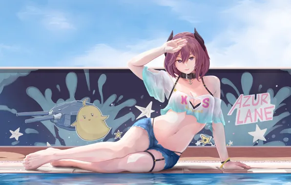 Girl, sexy, pool, cleavage, shorts, boobs, anime, beautiful