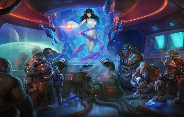 Crystal, space, ship, planet, dwarves, Art, Snow white
