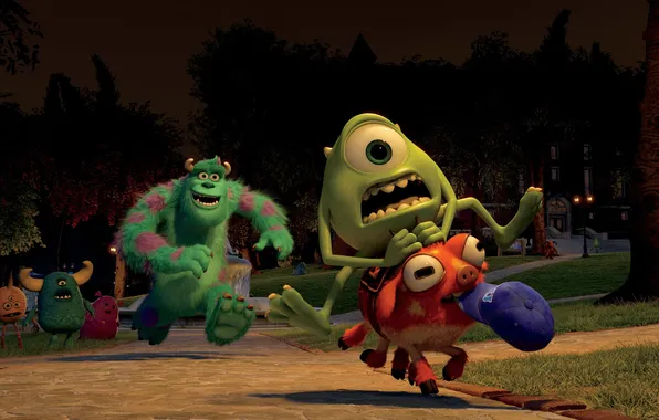 Night, Park, cartoon, monsters, Academy of monsters, Monsters University, Inc., Monsters Inc.