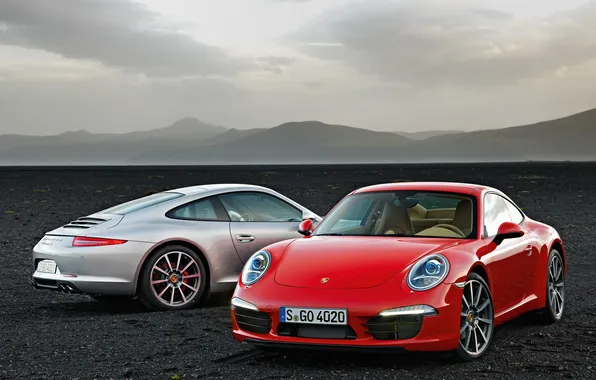The sky, mountains, red, 911, silver, supercar, porsche, Porsche