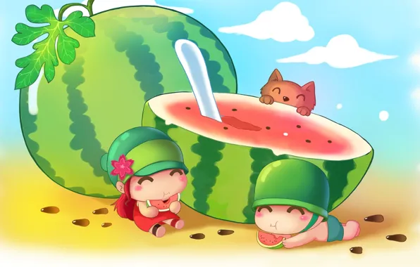 Boy, watermelon, warrior, art, girl, neko, children's