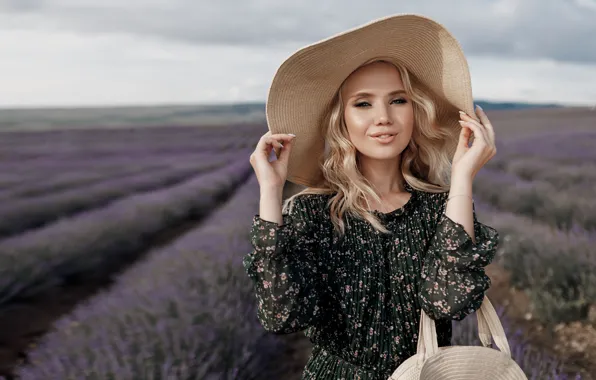 Field, summer, girl, light, flowers, smile, portrait, hat