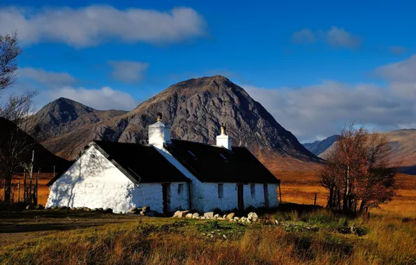 Field, autumn, white, the sky, clouds, mountains, house, blue