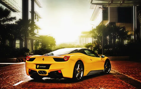 The sun, ferrari, Ferrari, 458, italia, yellow, Italy