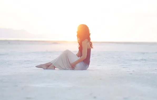 Girl, twilight, desert, sunset, sand, dusk