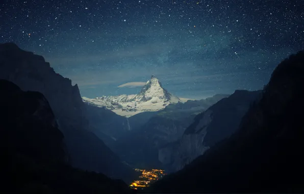 Mountains, night, valley, town, Switzerland, Alps, Matterhorn, the Lauterbrunnen valley