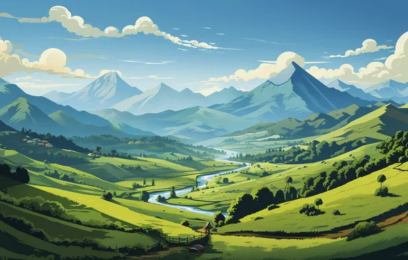 Forest, the sky, clouds, mountains, river, rocks, hills, tops