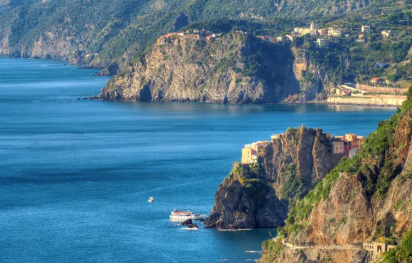 Sea, mountains, rocks, home, Italy, Manarola, Cinque Terre, The Ligurian coast