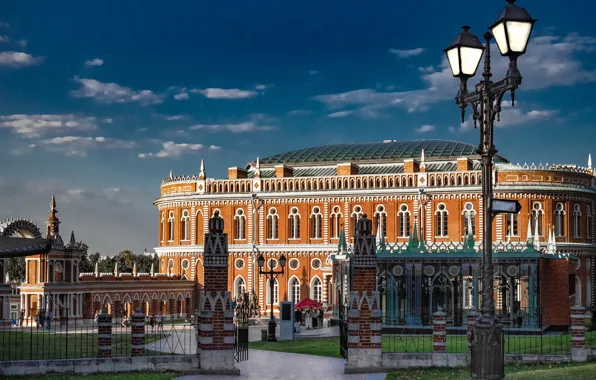Picture the building, fence, gate, lantern, Moscow, Russia, architecture, Tsaritsyno