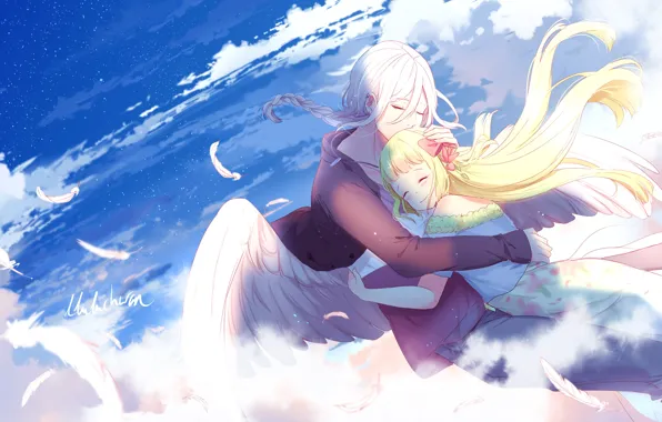 Picture the sky, romance, angel, art, girl, guy, two, hugs