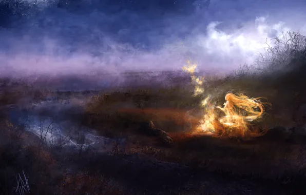 Picture girl, night, lights, river, magic, art