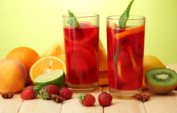 Picture orange, kiwi, strawberry, lime, glasses, fruit, drinks, mint