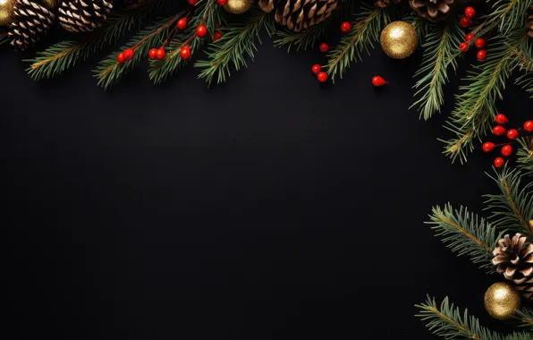 Balls, branches, berries, the dark background, fruit, Christmas, New year, black background