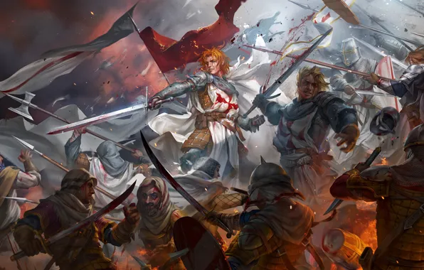 Blood, battle, swords, warriors, art, crusaders, saracens