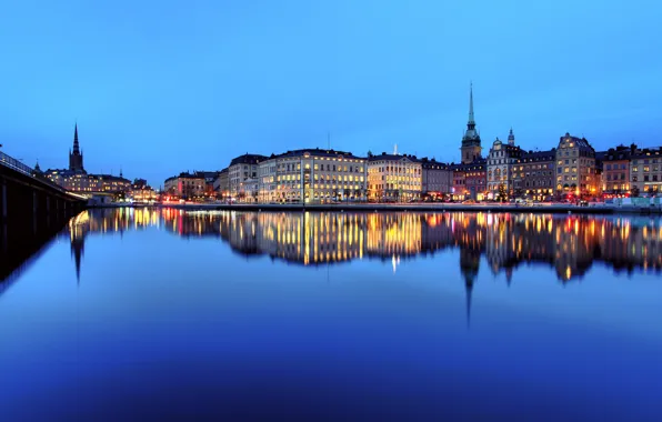 The sky, sunset, bridge, lights, reflection, river, mirror, Stockholm