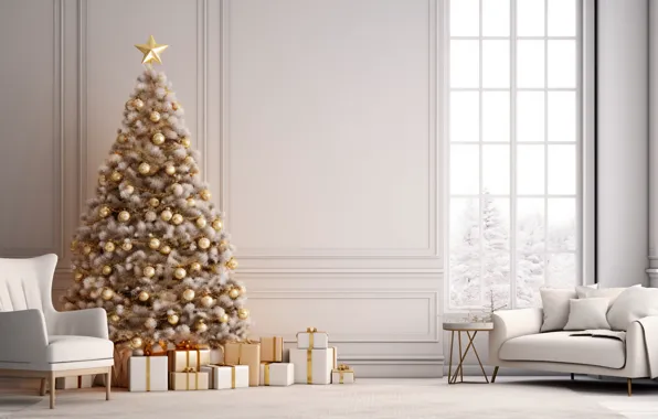 Decoration, house, room, balls, tree, interior, New Year, Christmas