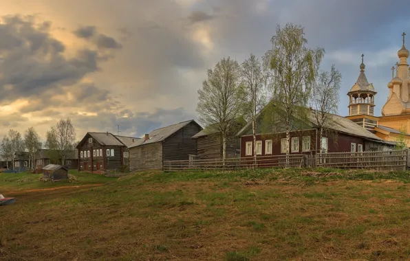 Summer, river, village, Church, Arkhangelsk oblast, Kimzha