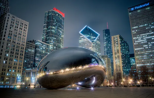 Night, the city, Chicago, Illinois, monument, Milenium Park