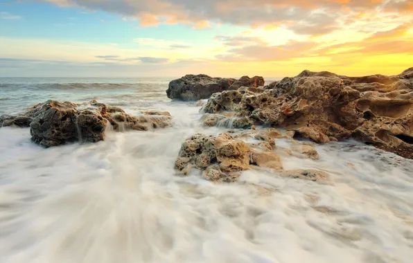 Picture sea, wave, stones, dawn