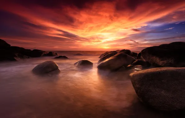 The sky, landscape, clouds, nature, stones, dawn, shore
