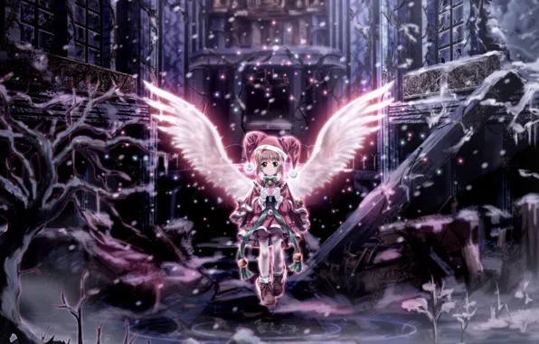 Winter, wings, angel, anime, girl, December