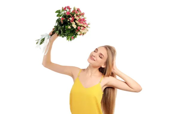 Picture girl, flowers, yellow, pose, smile, mood, roses, bouquet