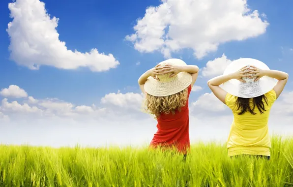 Greens, field, girls, two, hats