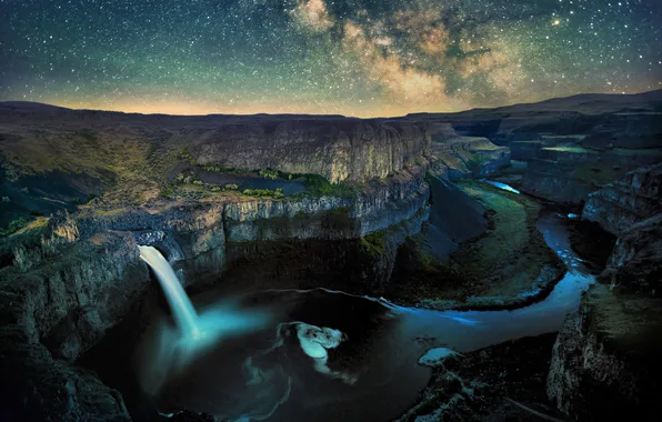 Mountains, night, rocks, height, waterfall, The milky way