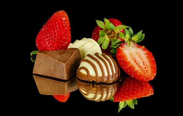Reflection, berries, table, chocolate, strawberry, candy, sweets, black background