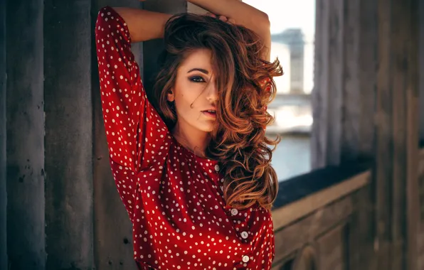 Picture polka dot, blouse, sponge, redhead, teeth, brown-eyed