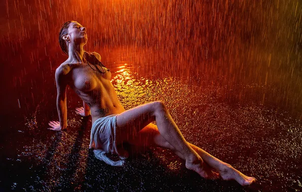 Chest, girl, pose, rain, model, naked, body, wet