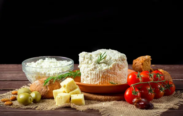 Picture table, cheese, plate, bread, black background, tomatoes, olives, almonds